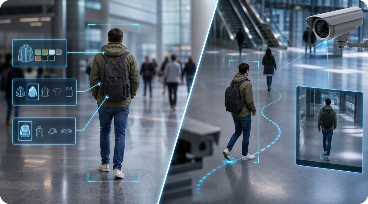 Person attribute recognition and Person Re-ID tracking a traveller across camera views without relying on the face