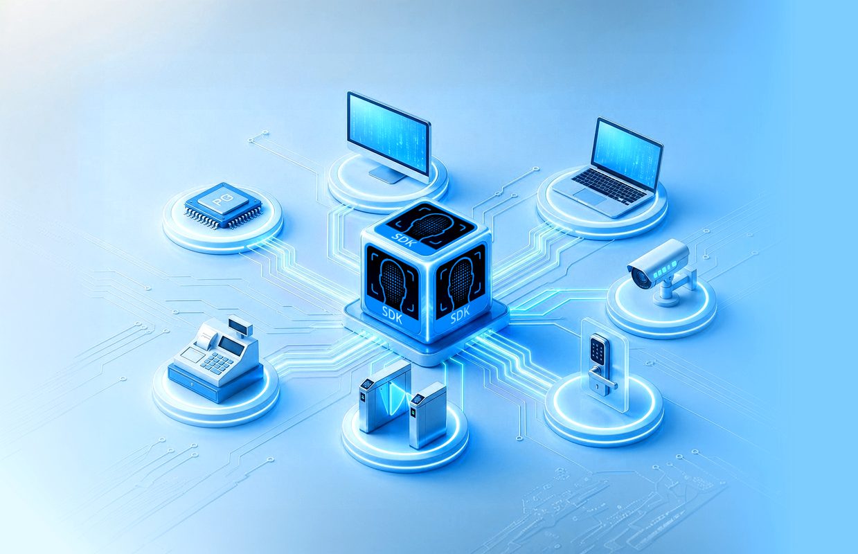 FaceMe SDK deployed across workstations, laptops, cameras, POS terminals, turnstiles and kiosks